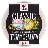 Delphi - Classic Smooth & Indulgent Taramosalata Dip (170g) is a Mediterranean spread made with cod roe, shown on the label with dip, lemon, onions, and herbs.